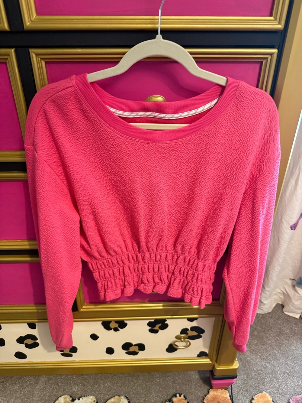 Anthropologie Hot Pink Smocked-Waist Pullover Sweatshirt